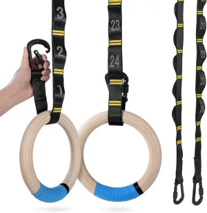 PACEARTH Wooden Gymnastics Rings Set with 8.5ft Numbered Daisy Chains and Quick Carabiners 32mm Thick Wood Gym Rings 1500lbs for Full-Body Workout at Home on Crossfit Calisthenics Strength Training