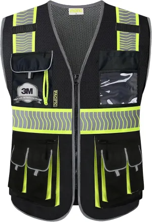 PACIFIC PPE 10 Pockets Hi-Vis Black Safety Vest for Men Women, 3M High Visibility Reflective Construction Mesh Fabric Cushioned Collar Work Utility PPE Work Gear, ANSI 107 TYPE R CLASS 1, Large, Black