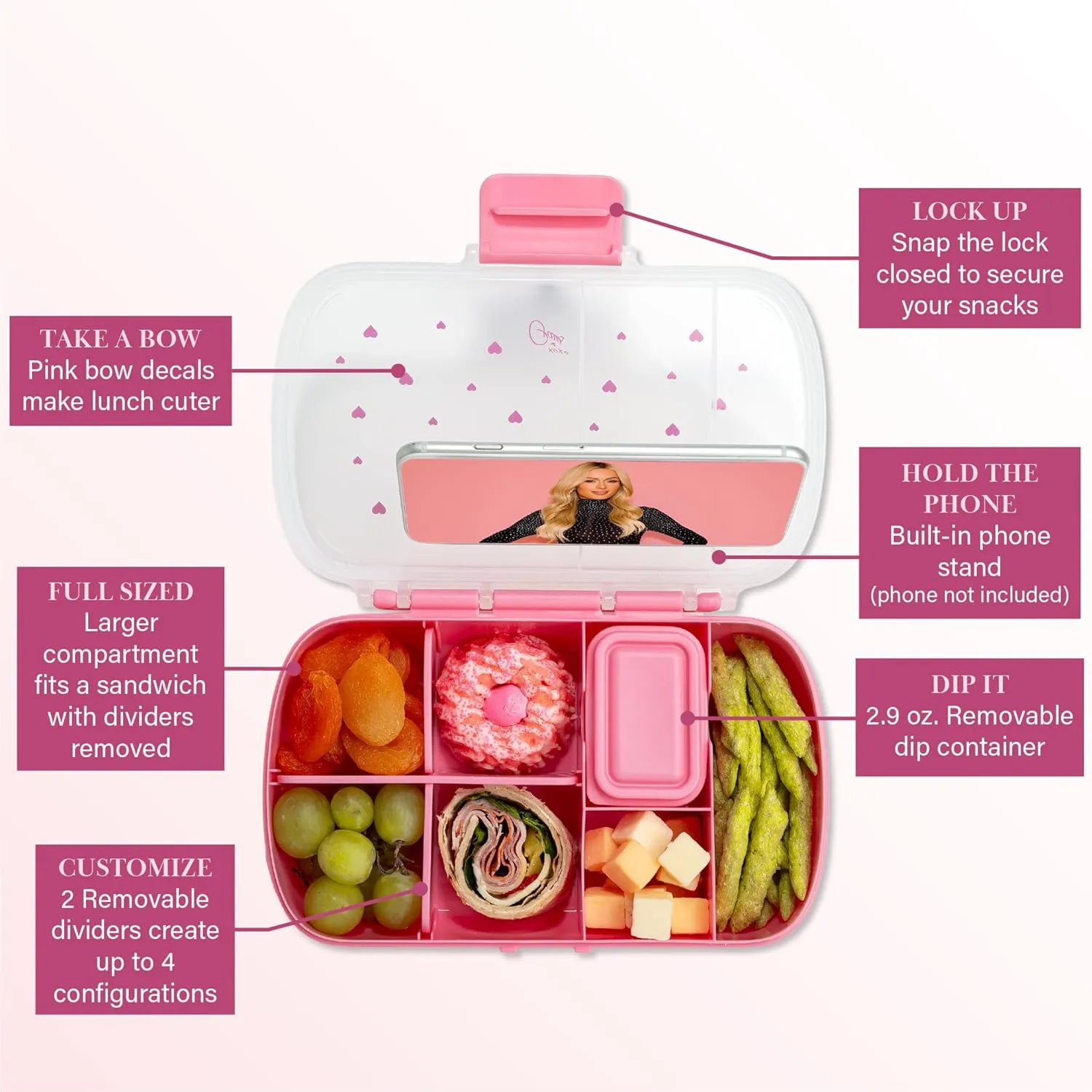 Paris Hilton 2-Pack Bento Style Snack Boxes, 7-Compartment Lunch Containers with Built-In Phone Stand, Removable Dividers and Dip Containers, Pink Heart Print