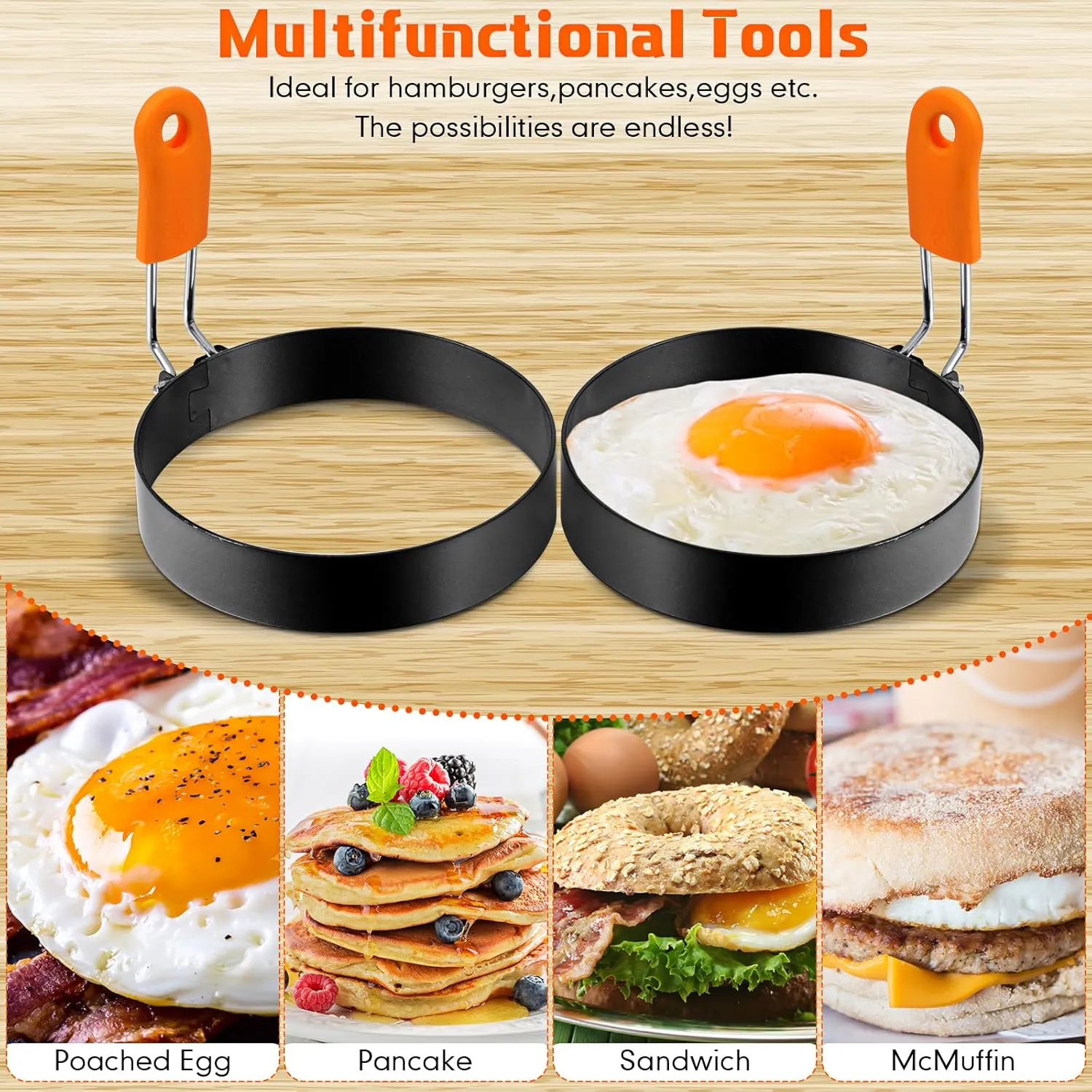 Patelai 6 Pcs Egg Ring Pancake Ring Set Stainless Steel Fried Egg Molds Griddle Pancake Shapers with Silicone Handle for Breakfast Omelette Sandwich(Round Style,4 Inch, 6 Inch, 8 Inch)