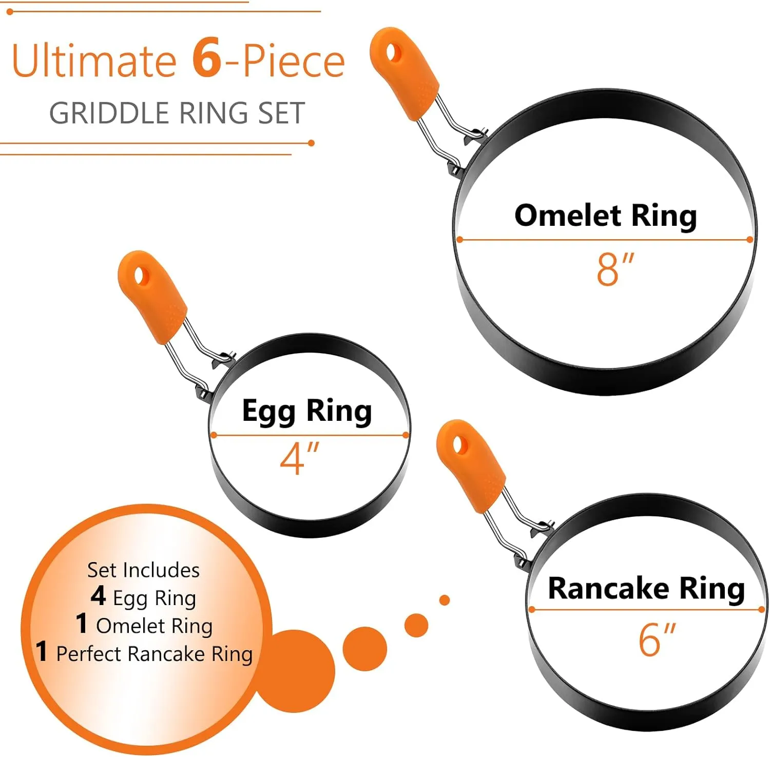 Patelai 6 Pcs Egg Ring Pancake Ring Set Stainless Steel Fried Egg Molds Griddle Pancake Shapers with Silicone Handle for Breakfast Omelette Sandwich(Round Style,4 Inch, 6 Inch, 8 Inch)