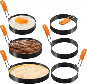 Patelai 6 Pcs Egg Ring Pancake Ring Set Stainless Steel Fried Egg Molds Griddle Pancake Shapers with Silicone Handle for Breakfast Omelette Sandwich(Round Style,4 Inch, 6 Inch, 8 Inch)
