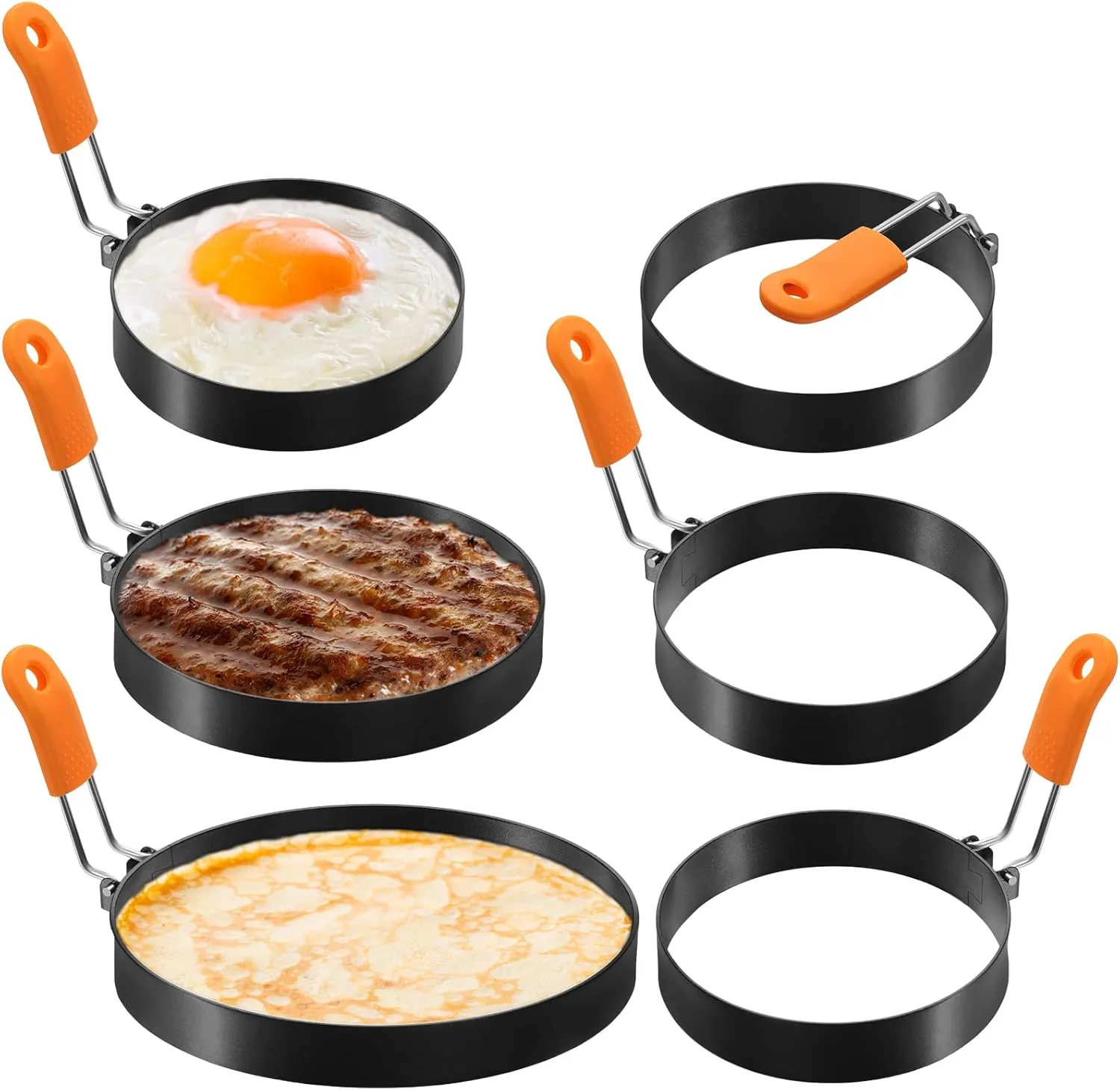 Patelai 6 Pcs Egg Ring Pancake Ring Set Stainless Steel Fried Egg Molds Griddle Pancake Shapers with Silicone Handle for Breakfast Omelette Sandwich(Round Style,4 Inch, 6 Inch, 8 Inch)