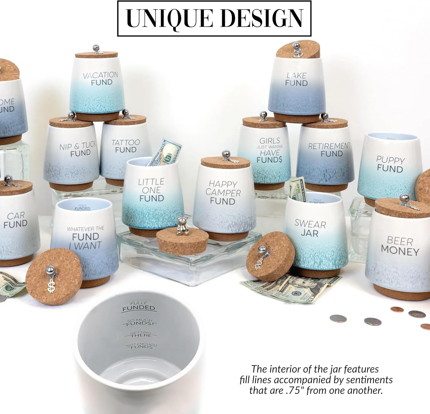 Pavilion Gift Company - Baby Fund 6.5-inch Unique Ceramic Piggy Bank Savings Bank Money Jar with Cork Base and Cork Lid with Hanging Teddy Bear Charm, Ombre Teal