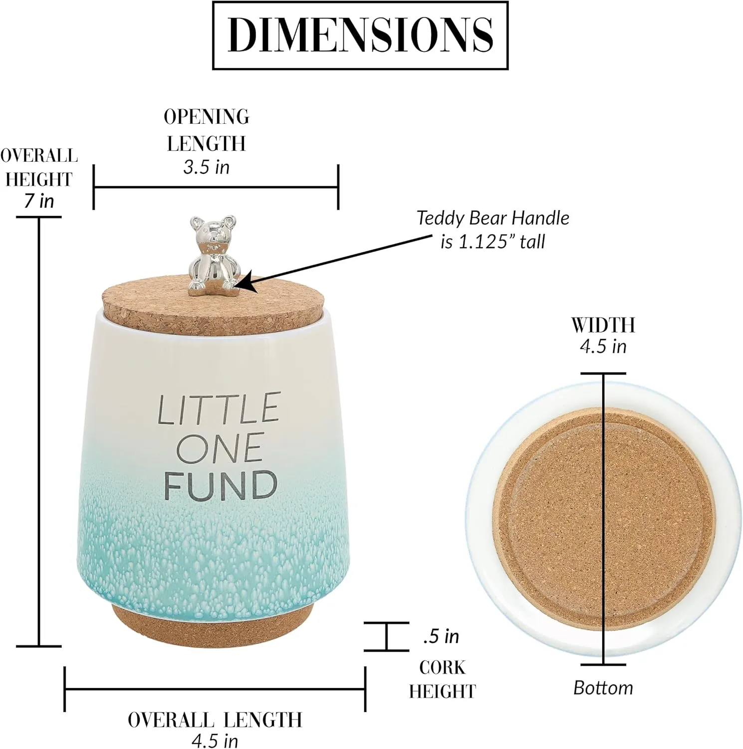 Pavilion Gift Company - Baby Fund 6.5-inch Unique Ceramic Piggy Bank Savings Bank Money Jar with Cork Base and Cork Lid with Hanging Teddy Bear Charm, Ombre Teal
