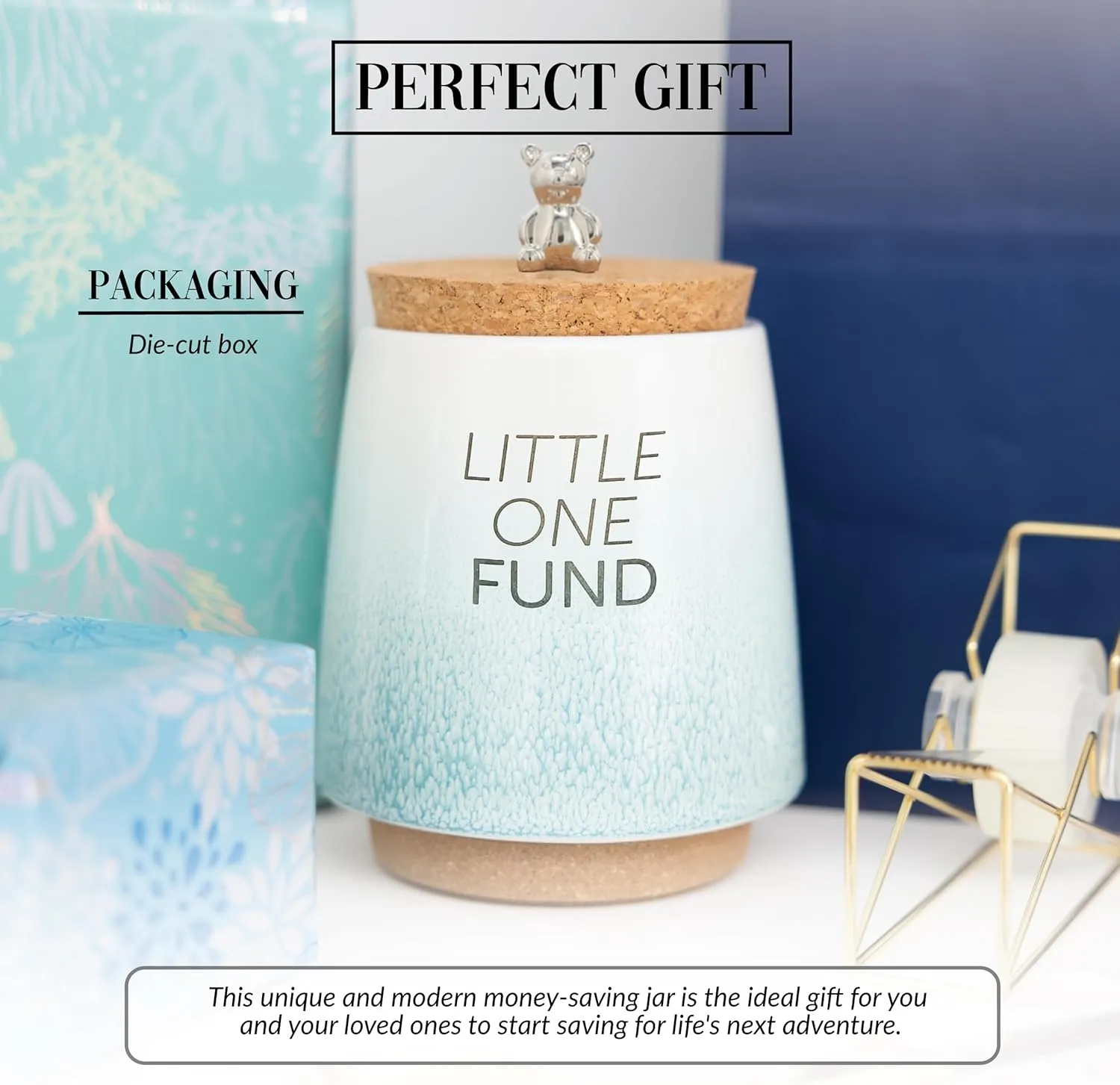 Pavilion Gift Company - Baby Fund 6.5-inch Unique Ceramic Piggy Bank Savings Bank Money Jar with Cork Base and Cork Lid with Hanging Teddy Bear Charm, Ombre Teal