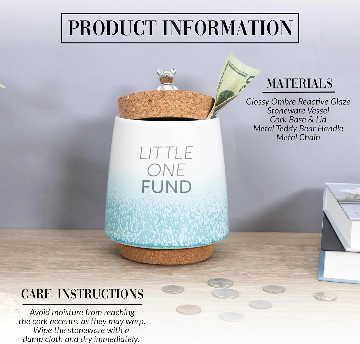 Pavilion Gift Company - Baby Fund 6.5-inch Unique Ceramic Piggy Bank Savings Bank Money Jar with Cork Base and Cork Lid with Hanging Teddy Bear Charm, Ombre Teal