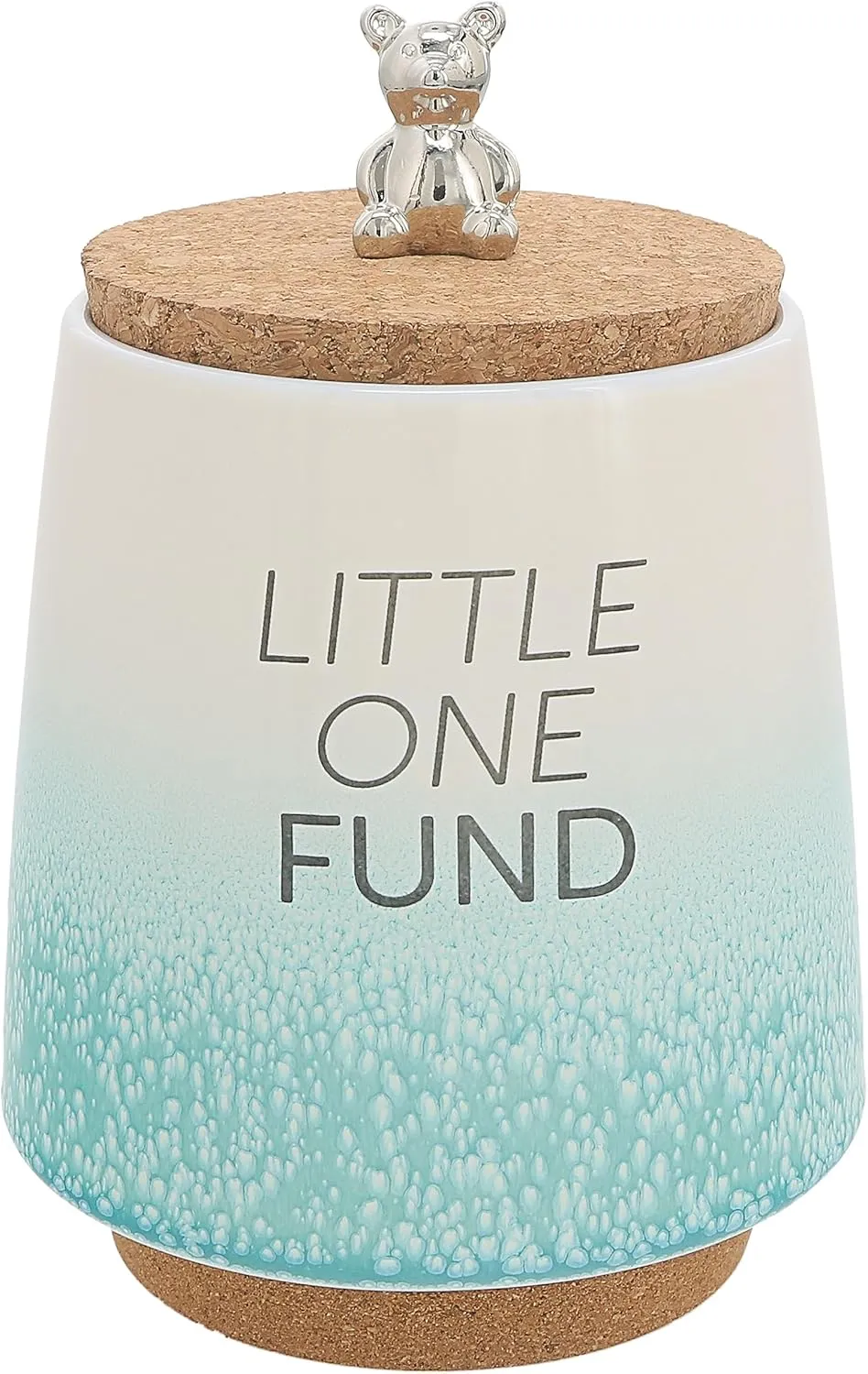 Pavilion Gift Company - Baby Fund 6.5-inch Unique Ceramic Piggy Bank Savings Bank Money Jar with Cork Base and Cork Lid with Hanging Teddy Bear Charm, Ombre Teal