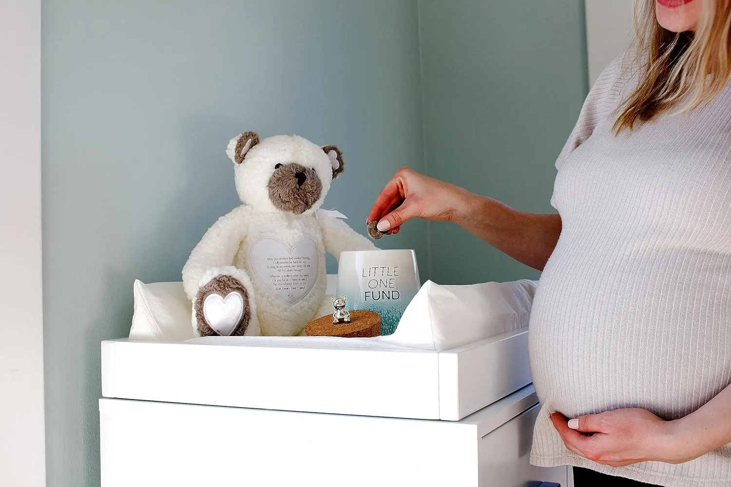 Pavilion Gift Company - Baby Fund 6.5-inch Unique Ceramic Piggy Bank Savings Bank Money Jar with Cork Base and Cork Lid with Hanging Teddy Bear Charm, Ombre Teal
