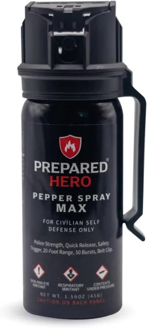 Pepper Spray Max for Civilian Self Defense by Prepared Hero - Personal Self Defense Pepper Spray with Police Strength, Quick Release, Safety Trigger - 20-Foot Range, 50 Bursts, Belt Clip