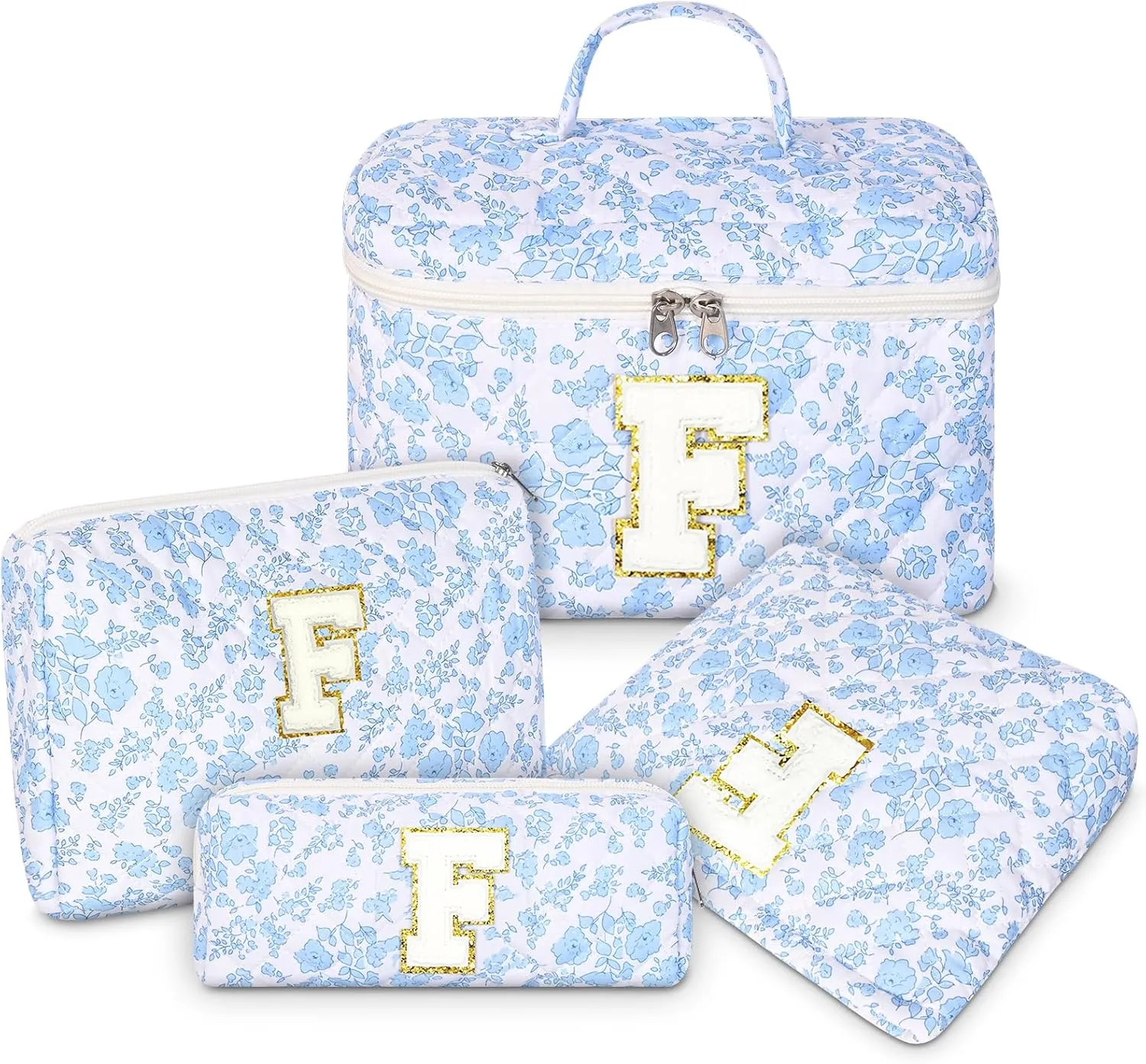 Personalized Initial Makeup Bag, Quilted Cosmetic Bag, Large Floral Make Up Bag for Women, Cotton Makeup Bag Set, Flower Travel Toiletry Bag | Birthday Gifts for Women Daughter Gifts F