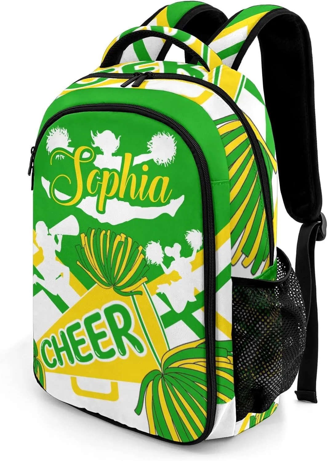 Personalized Name Cheerleaders Backpack Name Casual Bag Daypack for Women Men Camping Hiking Pom Cheer Green Gold Yellow