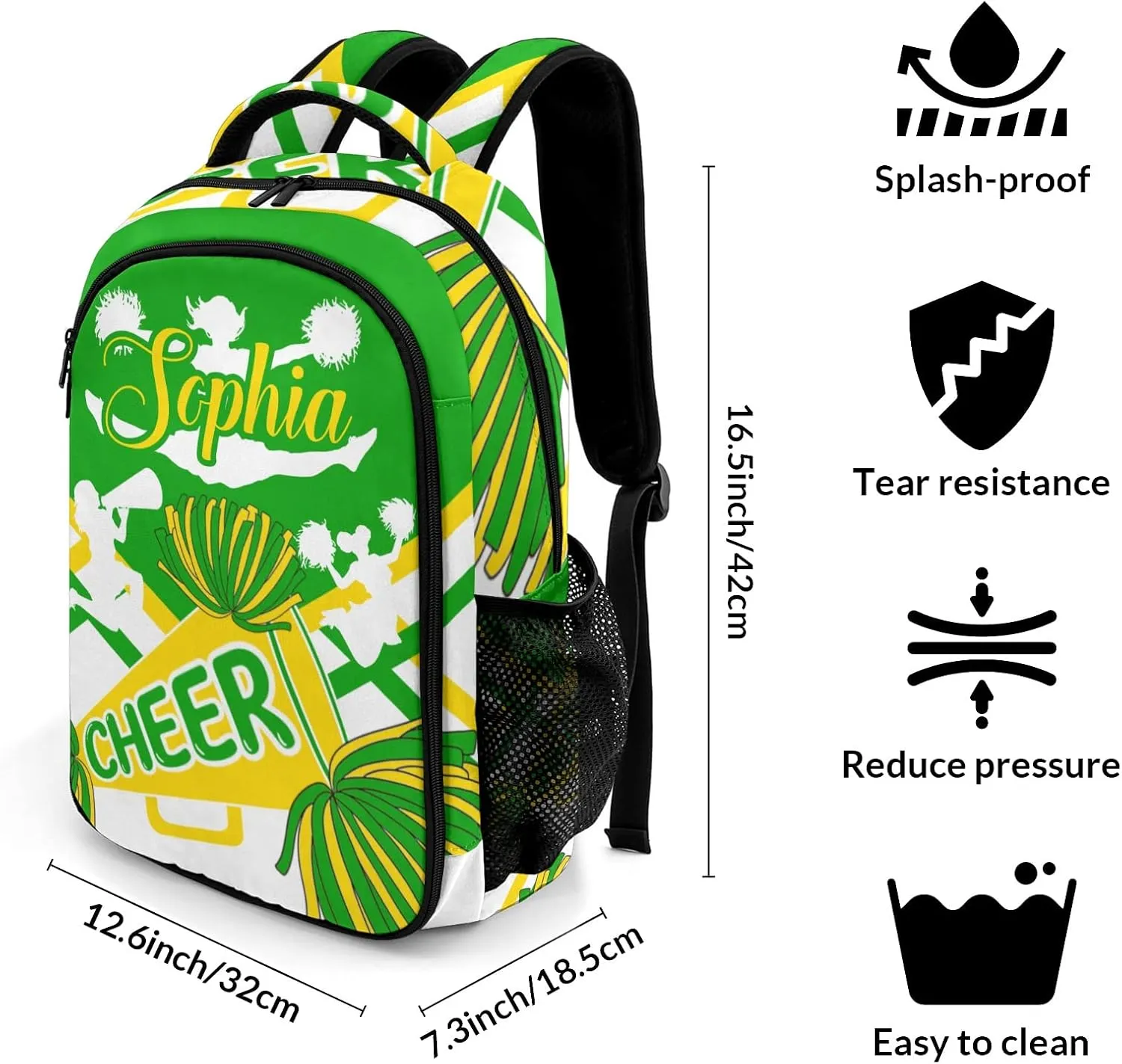 Personalized Name Cheerleaders Backpack Name Casual Bag Daypack for Women Men Camping Hiking Pom Cheer Green Gold Yellow