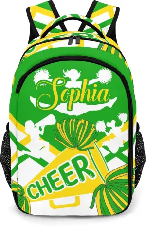 Personalized Name Cheerleaders Backpack Name Casual Bag Daypack for Women Men Camping Hiking Pom Cheer Green Gold Yellow