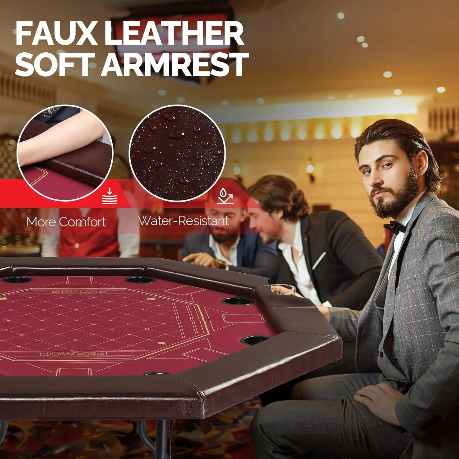 PEXMOR Foldable Poker Table, 8 Player Octagonal Folding Texas Holdem Blackjack Table w/Casino-Grade Felt, Water-Resistant Cushioned Rail, 8 Cup Holders, Portable Collapsible Legs Casino Game Table