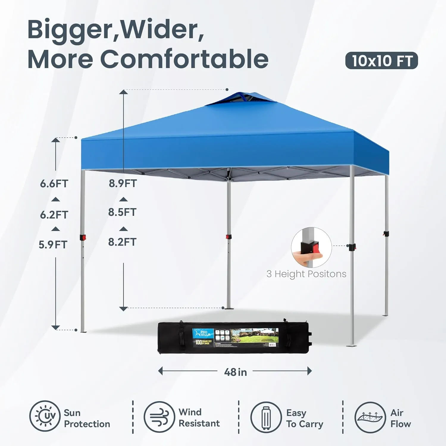 PHI VILLA Pop-up Canopy 10x10 Patio Tent Instant Gazebo Canopy with Wheeled Bag, Portable Lightweight Folding w/Adjustable Height,Blue