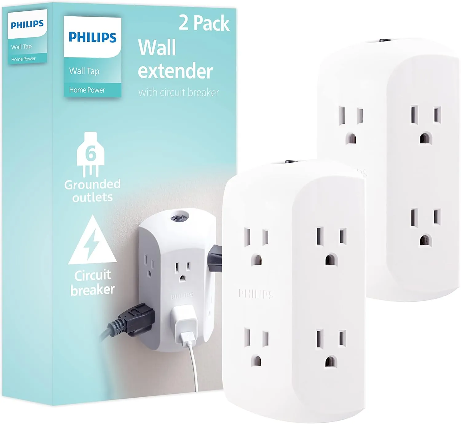 Philips 6-Outlet Extender, 2 Pack, Grounded Wall Tap, Reset Button, Circuit Breaker, Adapter Spaced Outlets, 3-Prong, Quick and Easy Install, Cruise Essentials, ETL Listed, White, SPS1462WA/37