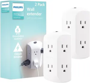 Philips 6-Outlet Extender, 2 Pack, Grounded Wall Tap, Reset Button, Circuit Breaker, Adapter Spaced Outlets, 3-Prong, Quick and Easy Install, Cruise Essentials, ETL Listed, White, SPS1462WA/37