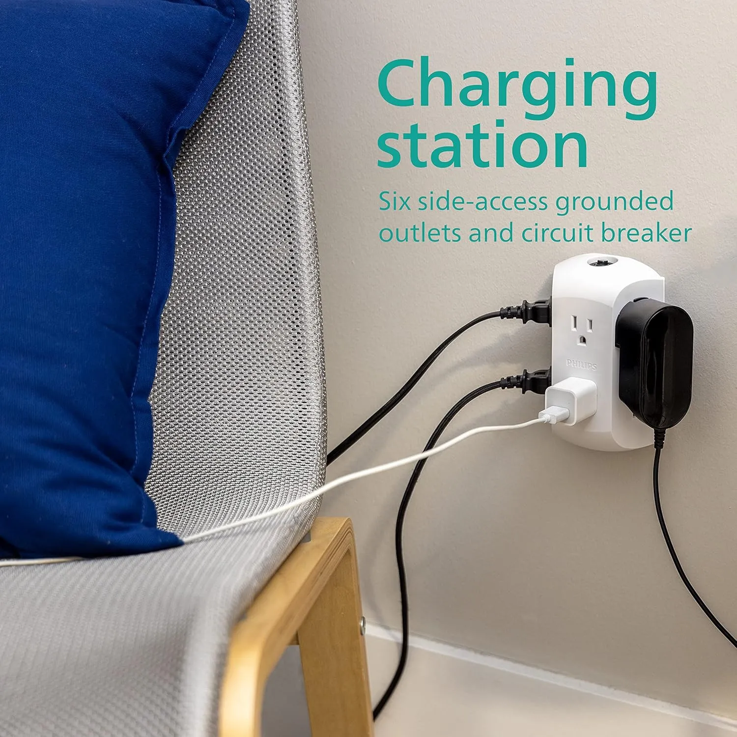 Philips 6-Outlet Extender, 2 Pack, Grounded Wall Tap, Reset Button, Circuit Breaker, Adapter Spaced Outlets, 3-Prong, Quick and Easy Install, Cruise Essentials, ETL Listed, White, SPS1462WA/37