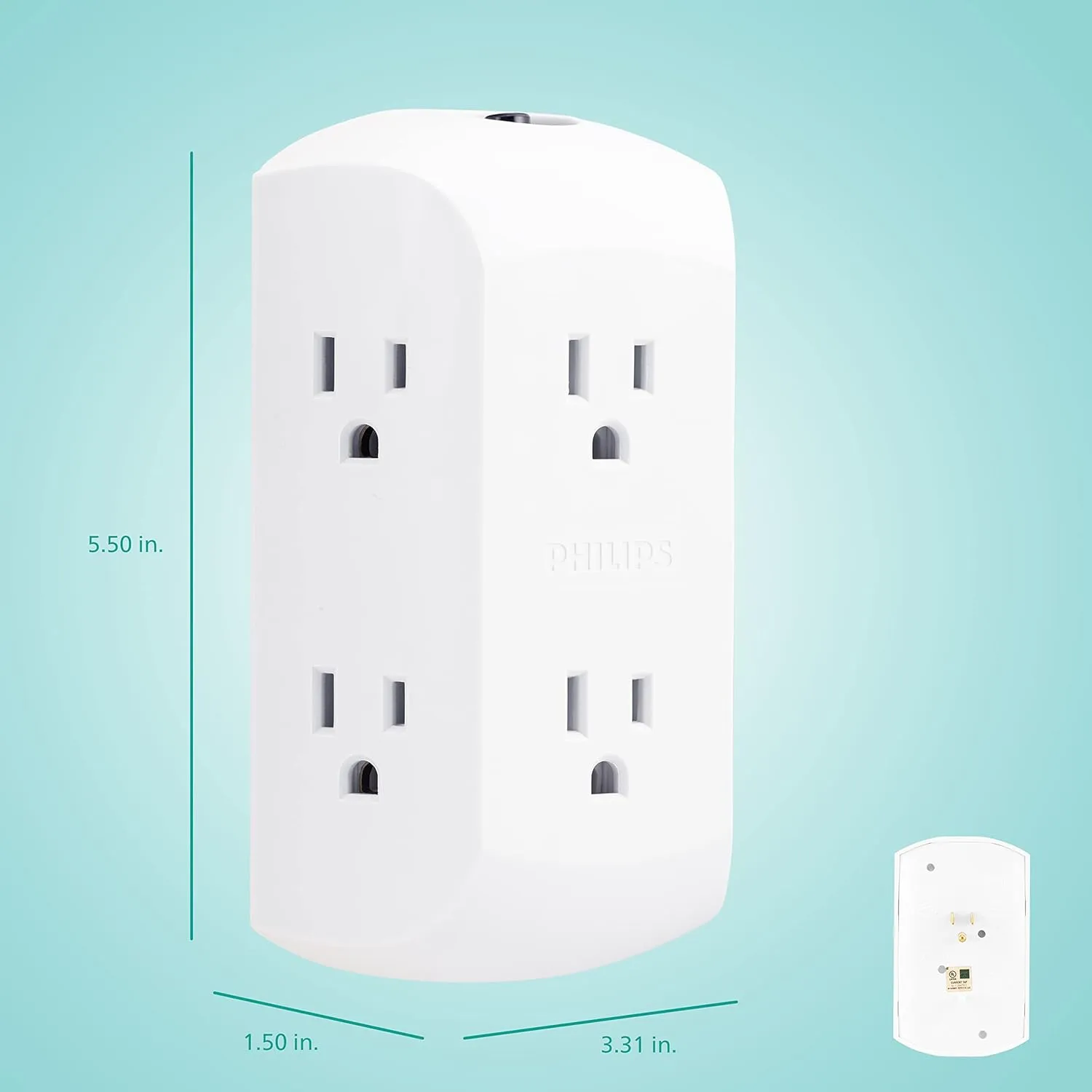 Philips 6-Outlet Extender, 2 Pack, Grounded Wall Tap, Reset Button, Circuit Breaker, Adapter Spaced Outlets, 3-Prong, Quick and Easy Install, Cruise Essentials, ETL Listed, White, SPS1462WA/37
