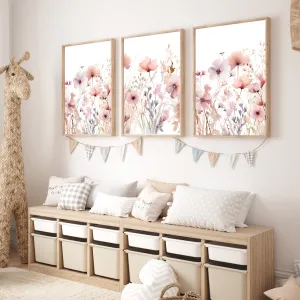 Pink Flowers Set of 3 Wall Art