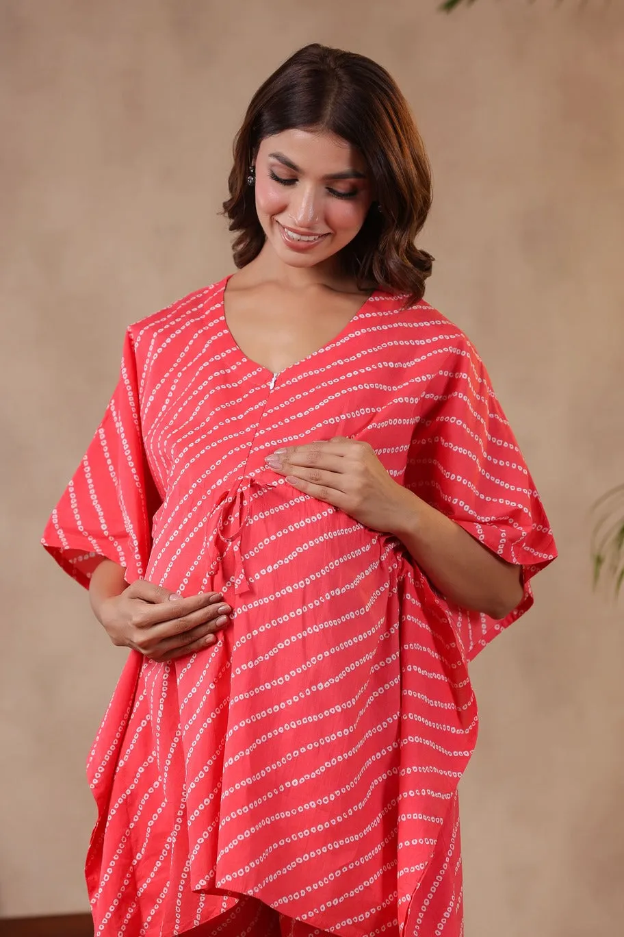 Pink On Nursing Discounted rates Bandhej Set Virtual Patterned Maternity & Kaftan