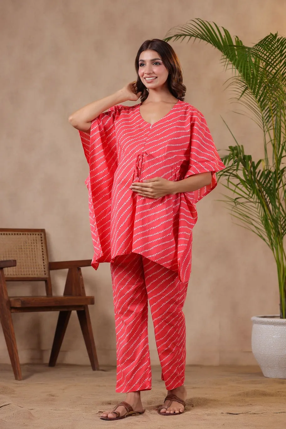 Pink On Nursing Discounted rates Bandhej Set Virtual Patterned Maternity & Kaftan