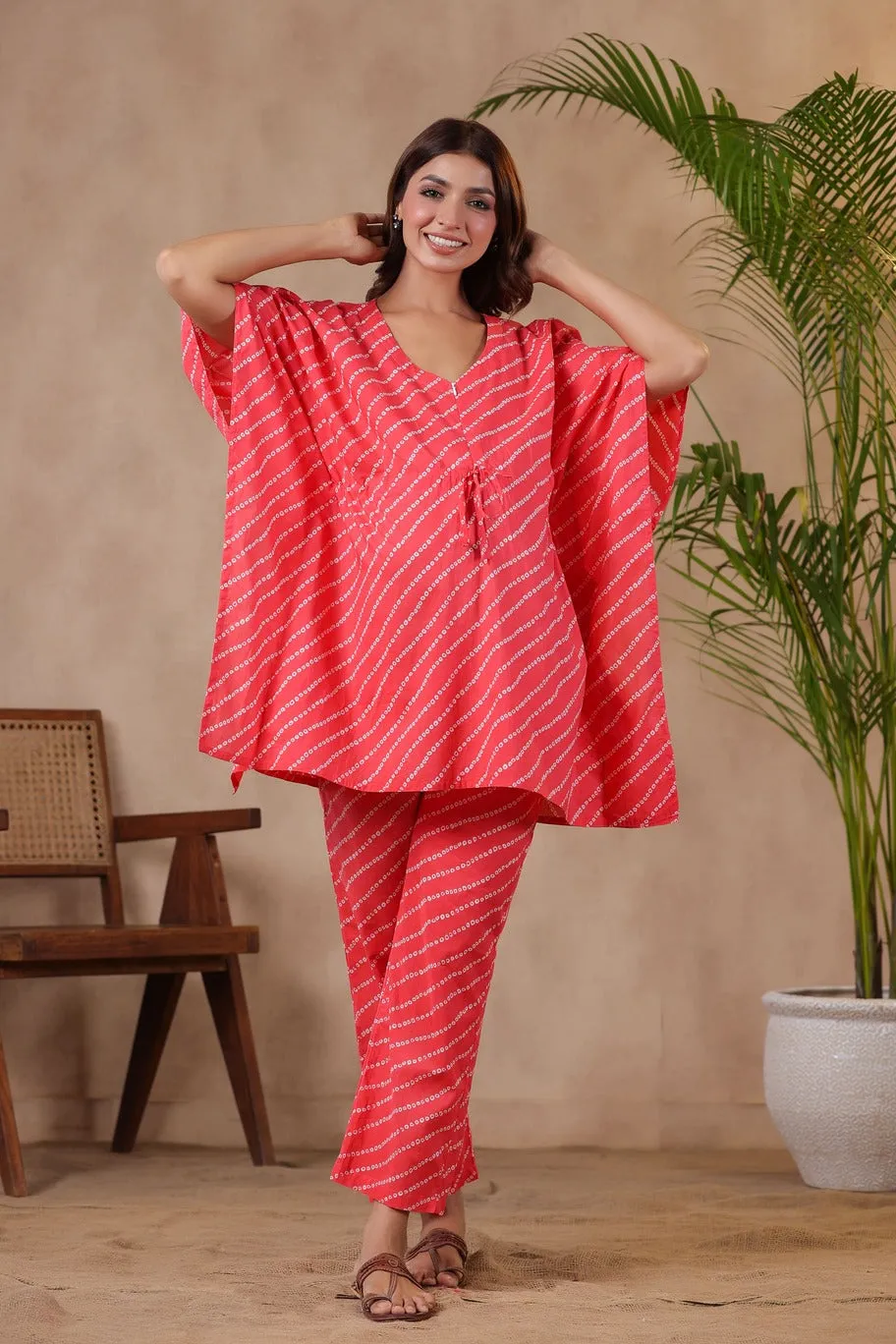 Pink On Nursing Discounted rates Bandhej Set Virtual Patterned Maternity & Kaftan