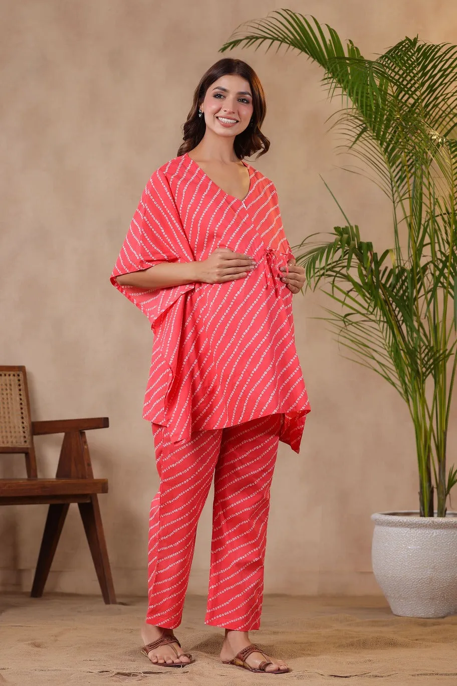 Pink On Nursing Discounted rates Bandhej Set Virtual Patterned Maternity & Kaftan