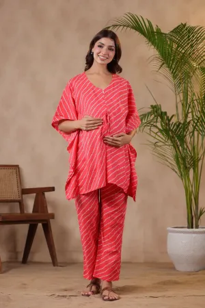 Pink On Nursing Discounted rates Bandhej Set Virtual Patterned Maternity & Kaftan