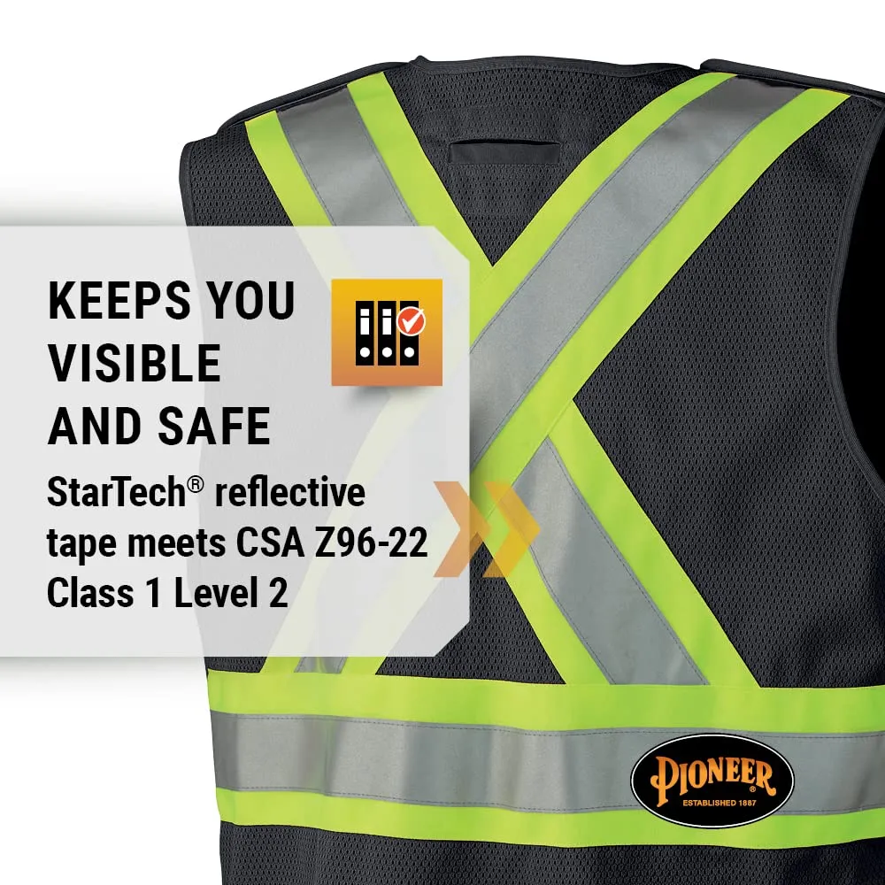 Pioneer Hi Vis Tear-Away Mesh Back Safety Vest for Me - Reflective Tape, 4 Pockets - Construction, Traffic, Security - Black