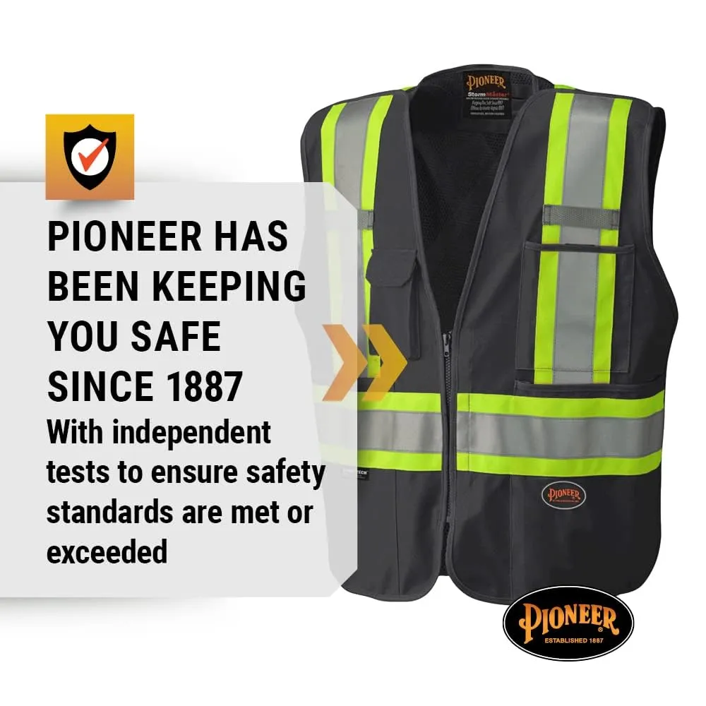Pioneer Hi Vis Tear-Away Mesh Back Safety Vest for Me - Reflective Tape, 4 Pockets - Construction, Traffic, Security - Black