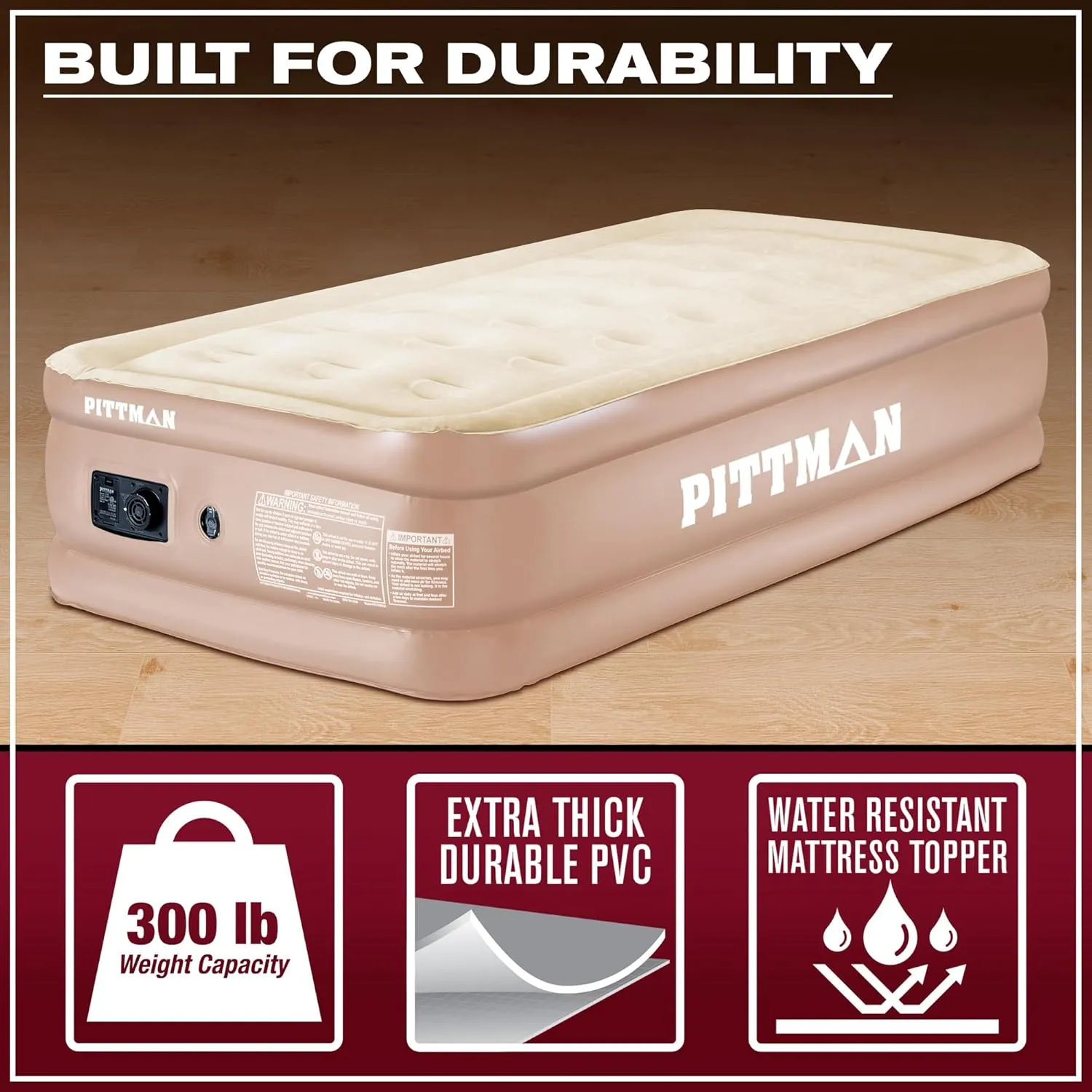 Pittman Outdoors Comfort Series Indoor Air Mattress with Built-in Electrical Air Pump, Twin 18-Inches Tall, Tan