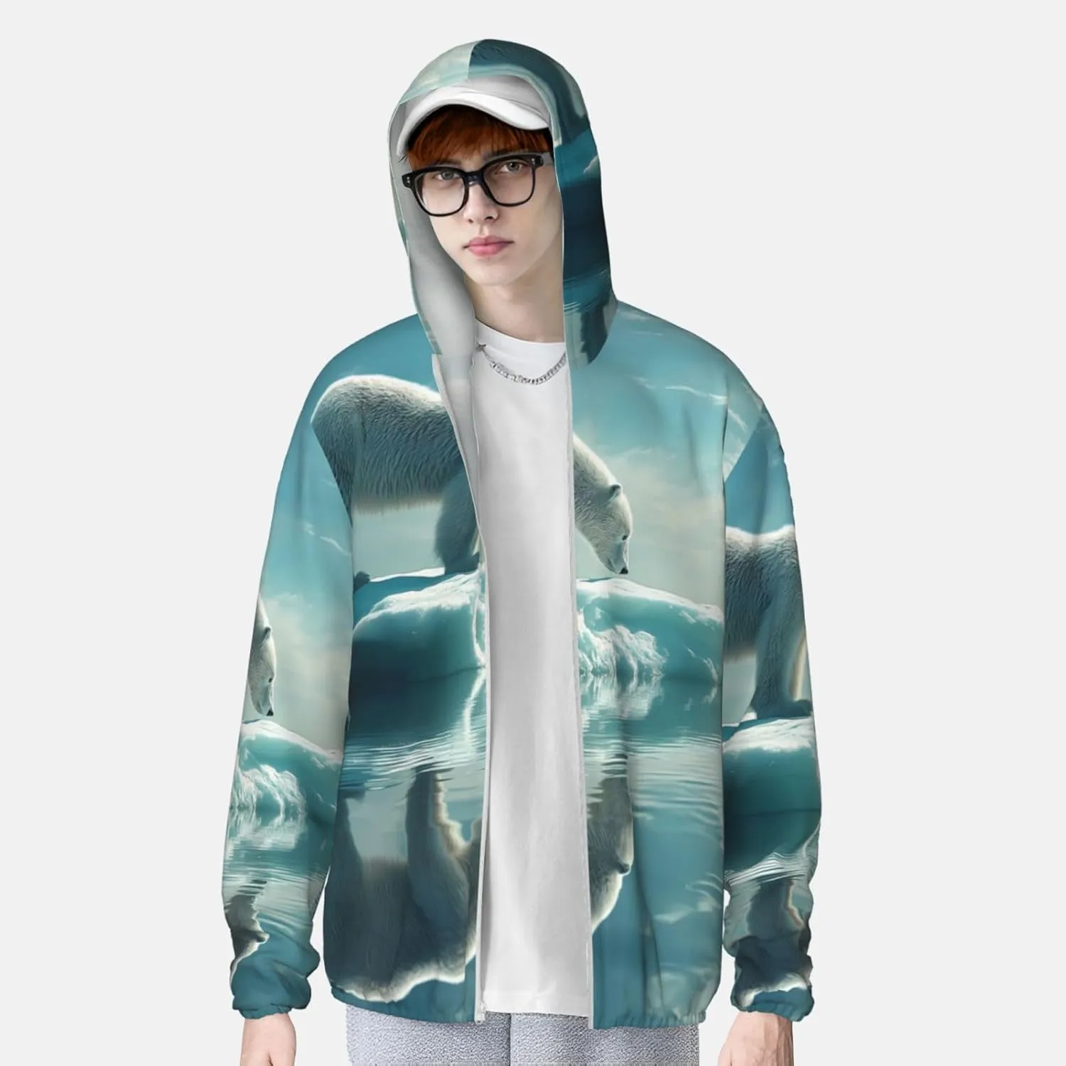 Polar Bear On Iceberg Print Men'S Women Full Zip Sun Protection Long Sleeve Sun Shirts For Men Hiking Fishing-