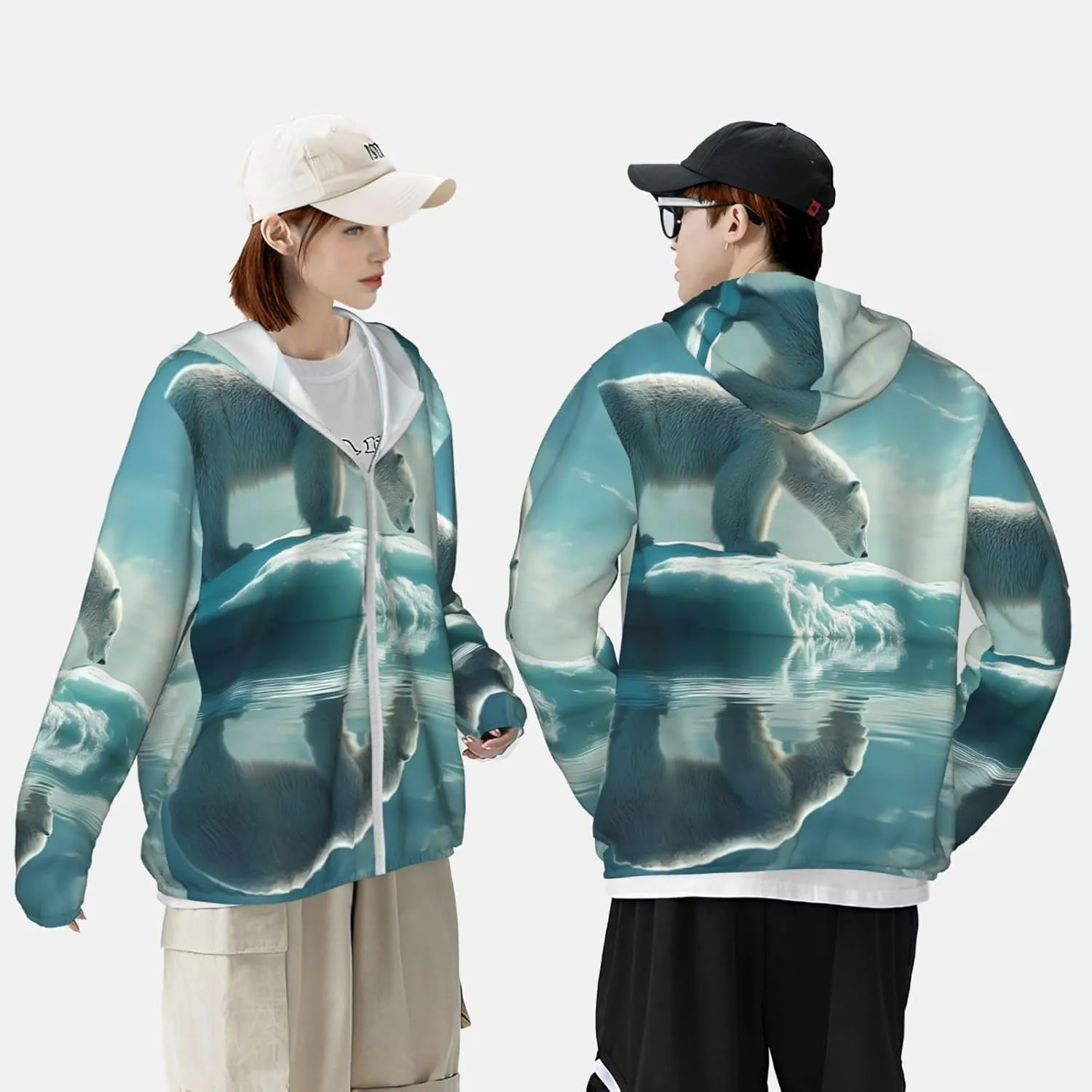 Polar Bear On Iceberg Print Men'S Women Full Zip Sun Protection Long Sleeve Sun Shirts For Men Hiking Fishing-