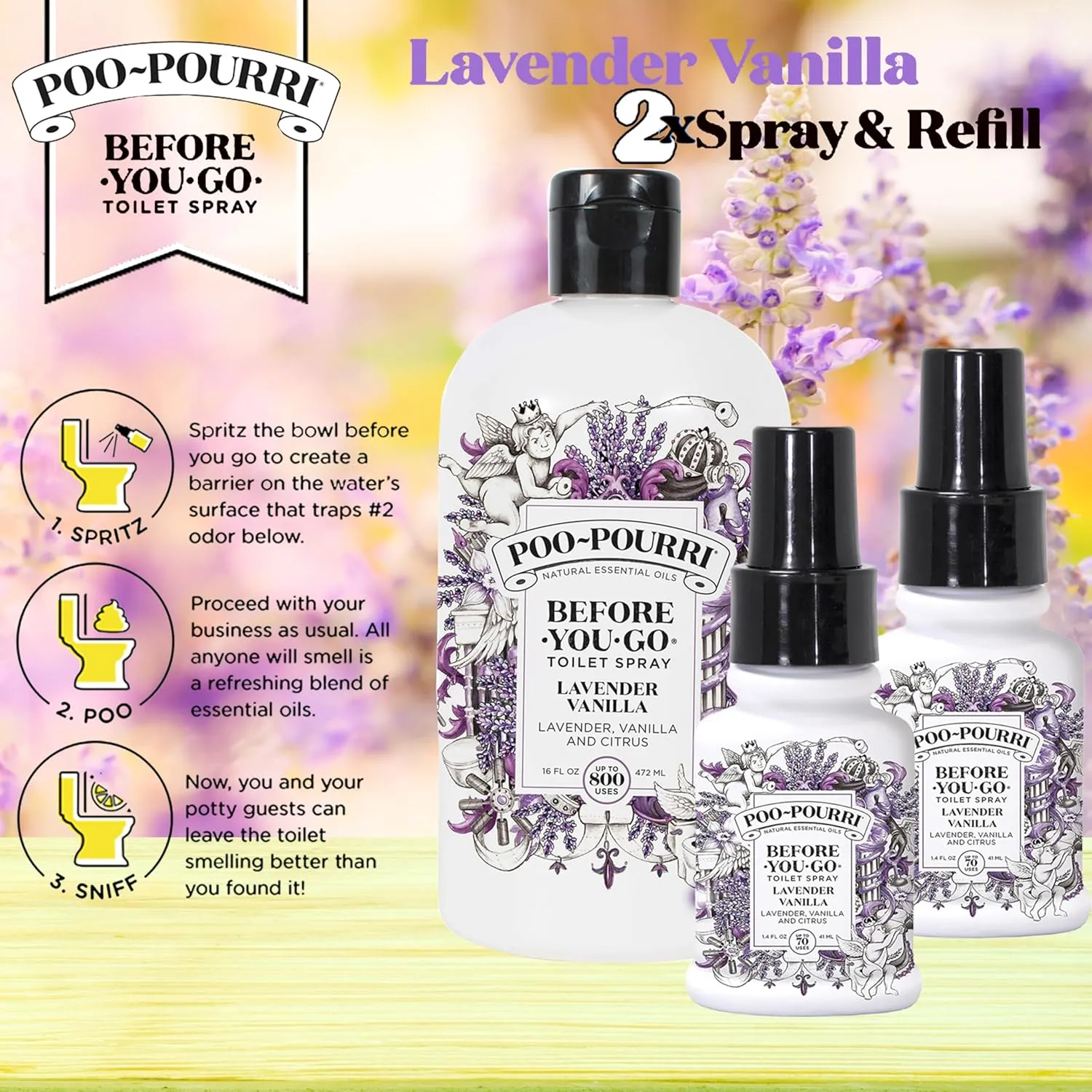 Poo-Pourri Lavender Vanilla 16 Ounce Refill Bottle and Two 1.4 Ounce Lavender Vanilla Sprays