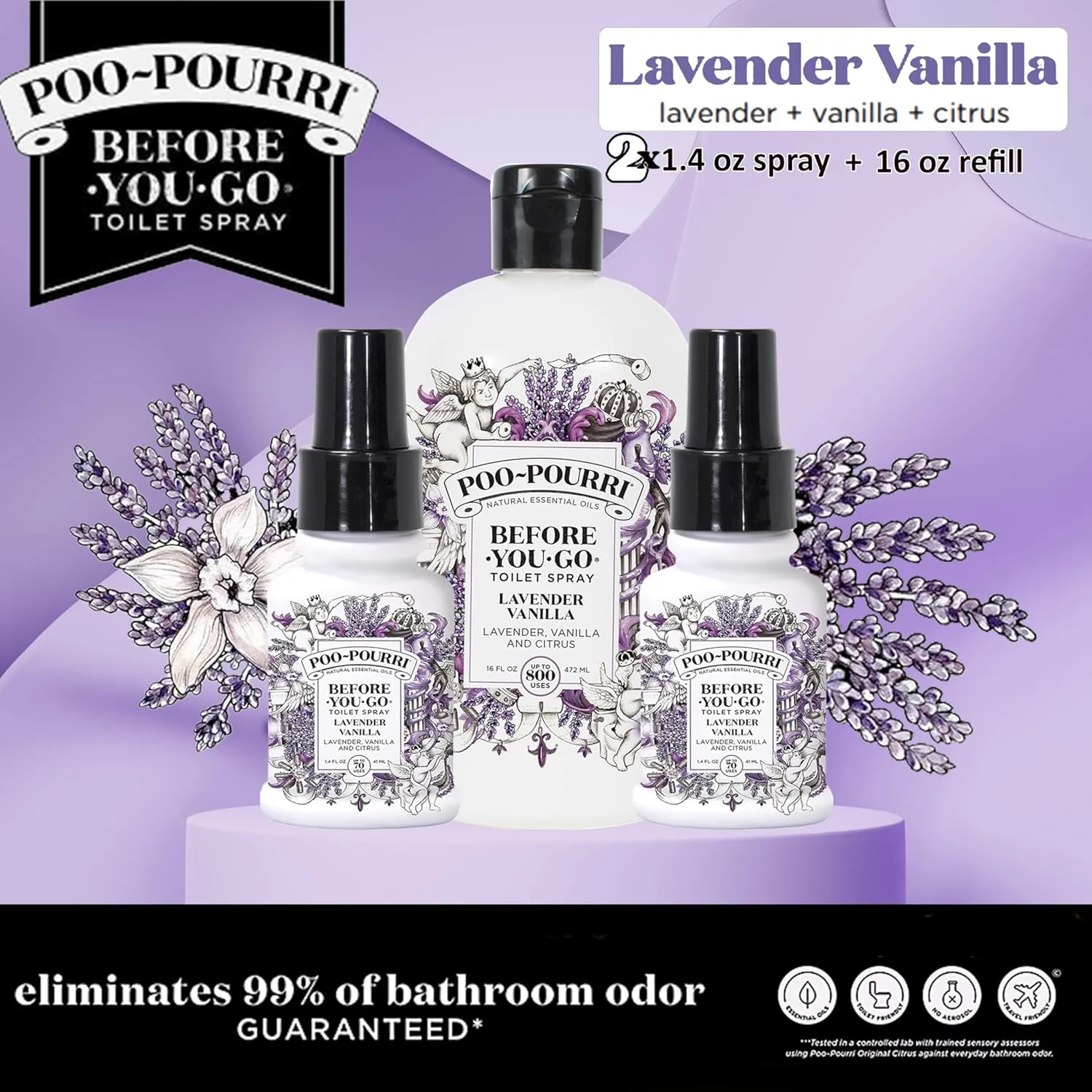 Poo-Pourri Lavender Vanilla 16 Ounce Refill Bottle and Two 1.4 Ounce Lavender Vanilla Sprays