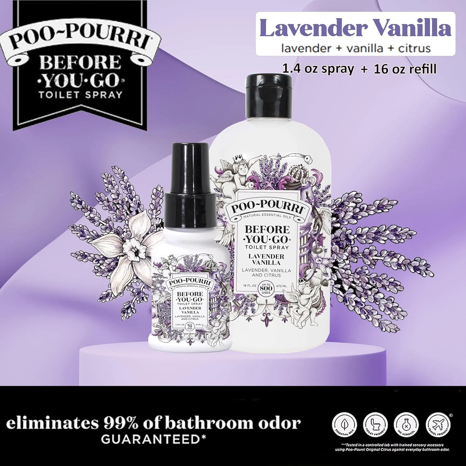 Poo-Pourri Lavender Vanilla 16-Ounce Refill Bottle,and 1.4-Ounce Lavender Vanilla