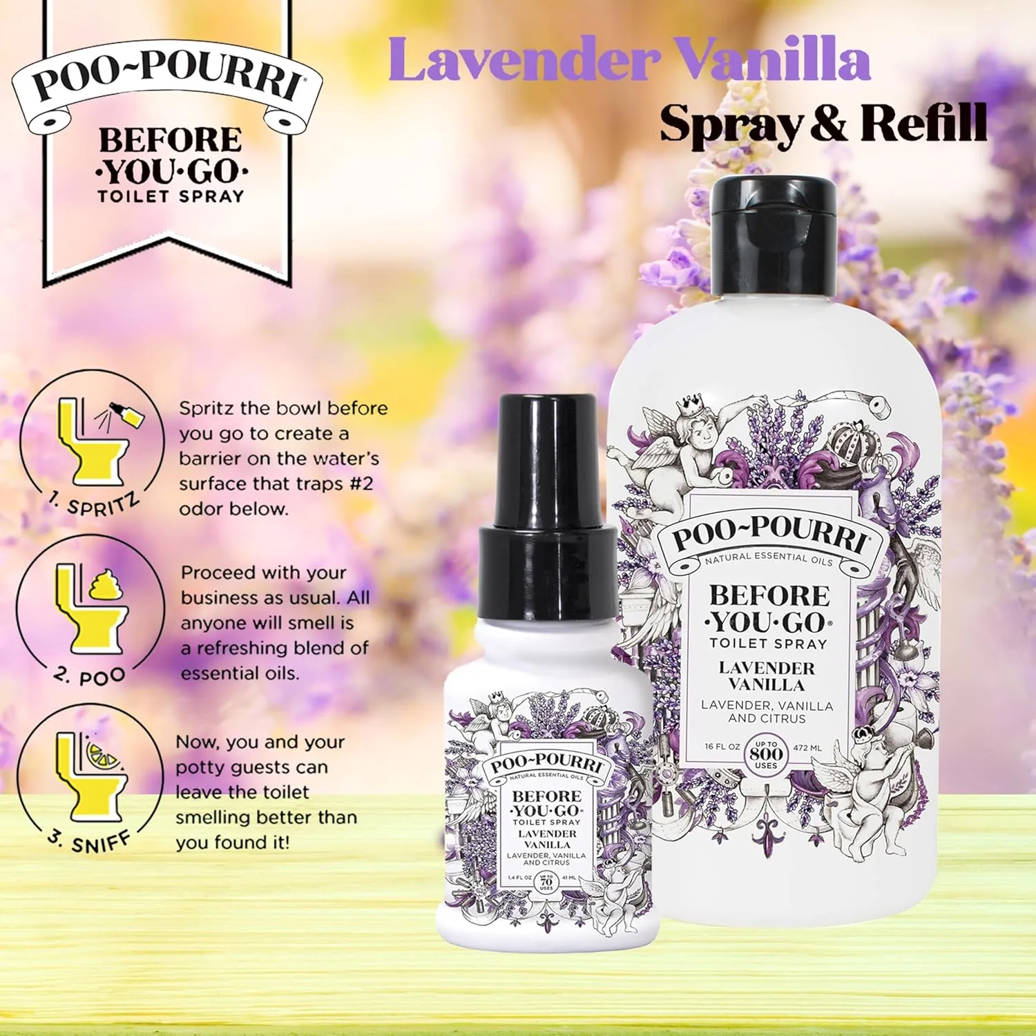 Poo-Pourri Lavender Vanilla 16-Ounce Refill Bottle,and 1.4-Ounce Lavender Vanilla