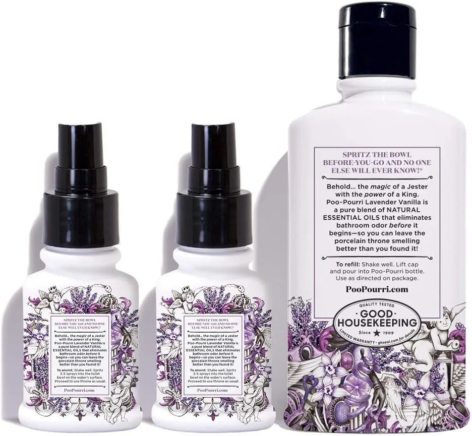 Poo-Pourri Lavender Vanilla 9-Ounce Refill Bottle and (2) 1.4-Ounce Refillable Bottle Lavender Vanilla
