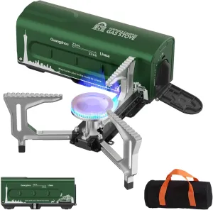 Portable Butane Gas Camping Stove - 7500 BTU Compact Folding Design with Carry Bag for Backpacking, RV Trips, Picnic & Outdoor Indoor Cooking, Green