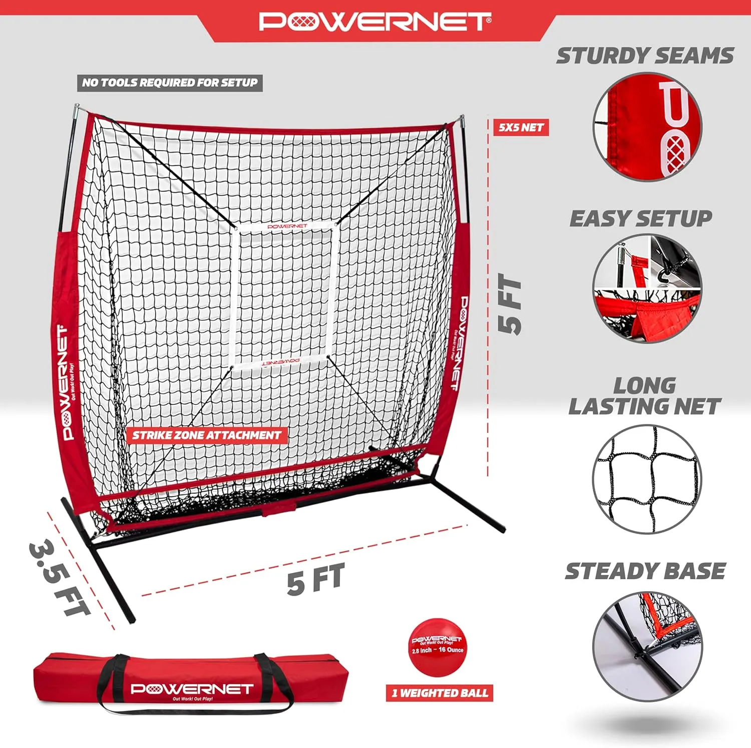 PowerNet Baseball Net Bundle, 5x5 Travel Net With Softball Accessories for Hitting, Pitching, Training Equipment, Weighted Ball, Tee