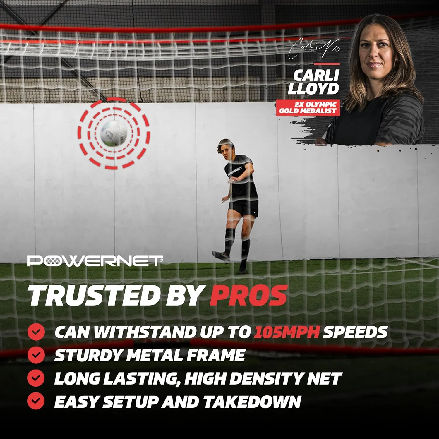 PowerNet Carli Lloyd Soccer Goal, Portable Net Collapsible Metal Base, Quick Setup Ultra Portable, Full Size Framed Soccer Goal, 1 Goal   1 Carry Bag