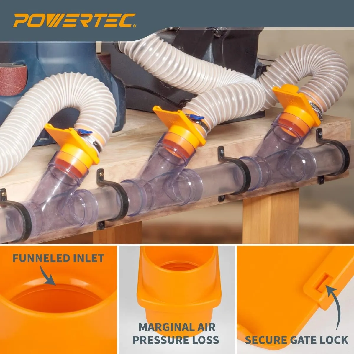 POWERTEC 70294-P4 2-1/2" Integrated Blast Gate Clog Resistant, Anti Gap Tapered ABS Plastic Fitting for Dust Collection Systems – 4 Pack