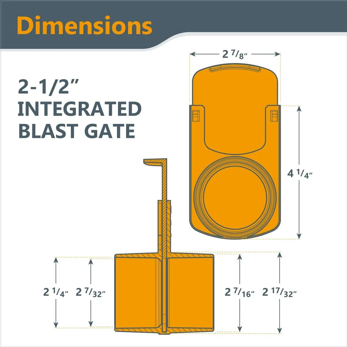 POWERTEC 70294-P4 2-1/2" Integrated Blast Gate Clog Resistant, Anti Gap Tapered ABS Plastic Fitting for Dust Collection Systems – 4 Pack