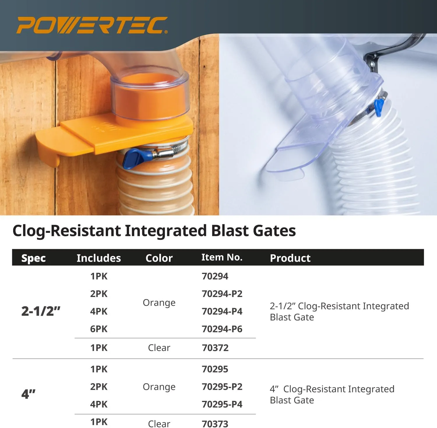 POWERTEC 70295-P4 4-Inch Integrated Blast Gate Clog Resistant, Anti Gap Tapered ABS Plastic Fitting for Dust Collection Systems – 4 Pack