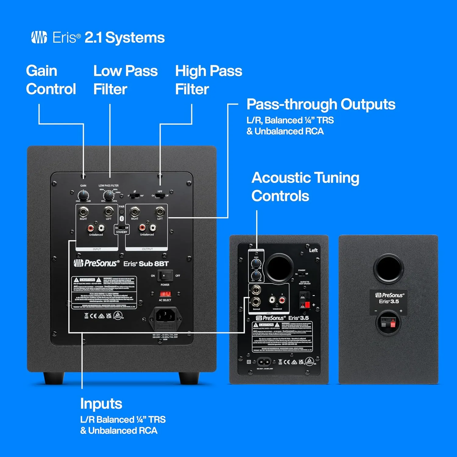 PreSonus Eris 2.1 Bluetooth Speaker System with Subwoofer — Eris 3.5 Studio Monitor Pair & Eris Sub 8BT for Near Field Music Production, Desktop Computer, Hi-Fi Home Audio