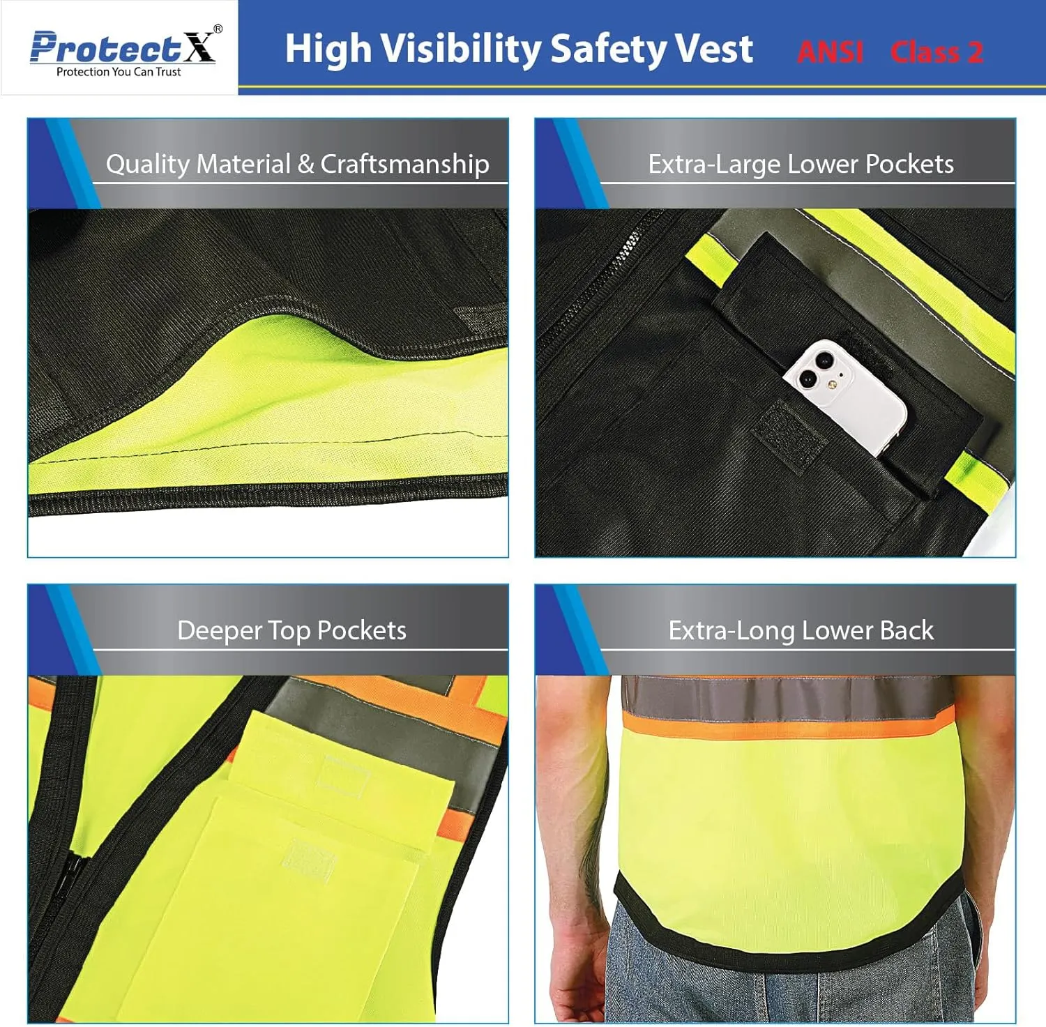 ProtectX 6 Pockets High Visibility Safety Vest for Men Women Class 2 Reflective Hi Vis Work Construction Vest
