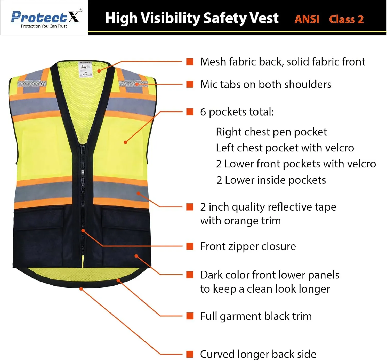 ProtectX 6 Pockets High Visibility Safety Vest for Men Women Class 2 Reflective Hi Vis Work Construction Vest