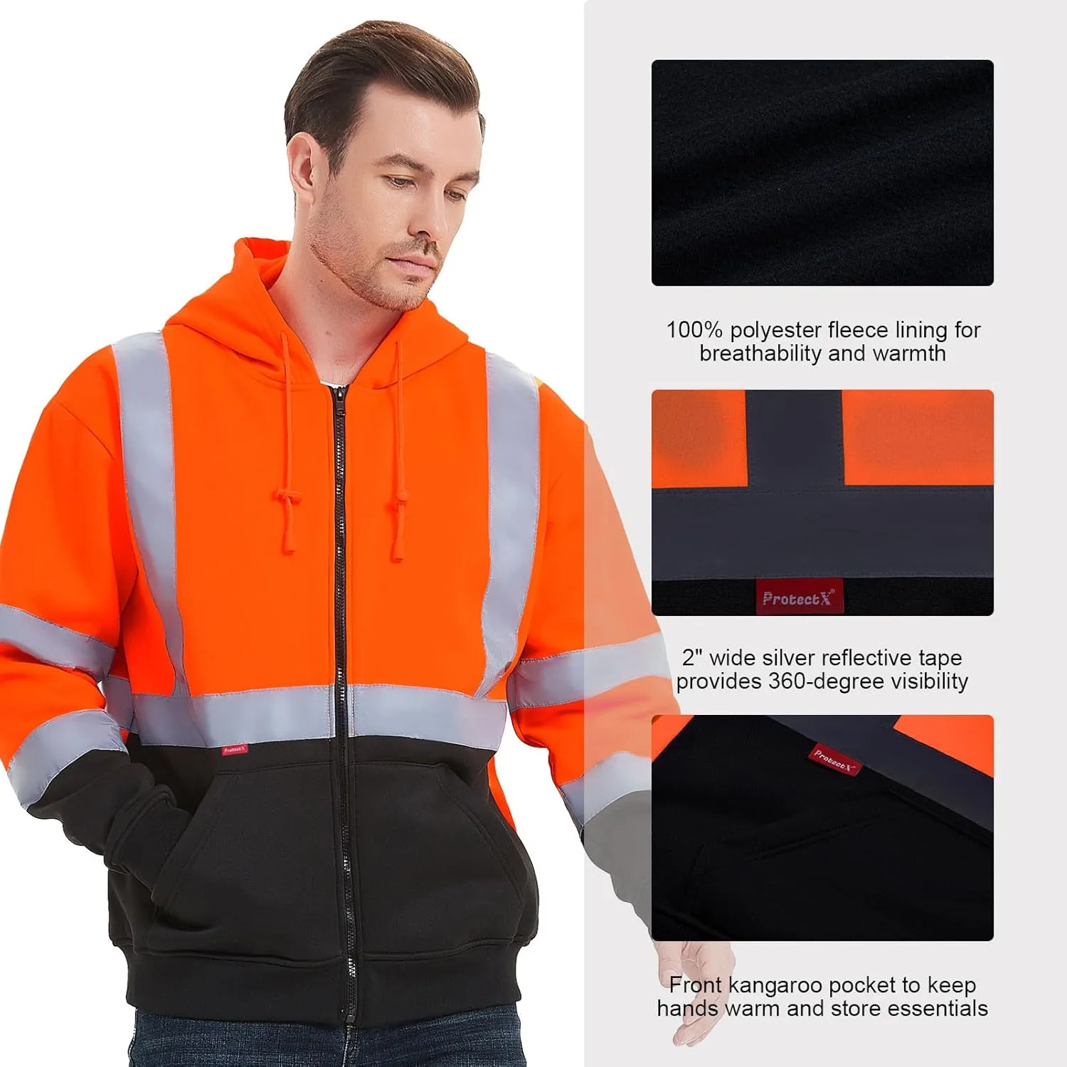 ProtectX Hi Vis Hoodie for Men Women High Visibility Safety Sweatshirt Reflective with Pockets for Construction Work Class 3